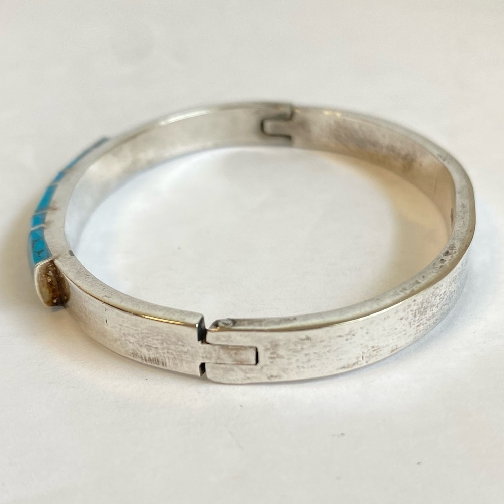 Vintage Turquoise Bangle Bracelet Mexico Silver Hinged Coastal Cowgirl Southwest - Picture 6 of 11